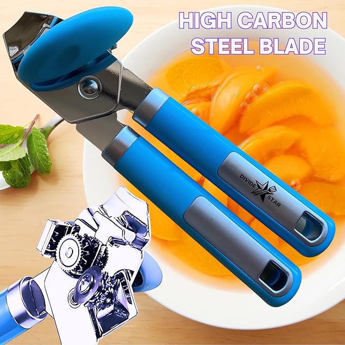 Manual Can Opener for Seniors – Smooth Edge, Easy-Turn Knob, Magnetic Lid Lifter, Heavy-Duty Carbon Steel Blade, Ergonomic Comfort Grip – Blue