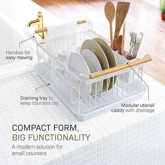 Yamazaki Home Dish Drying Rack – Modern White Dish Rack for Kitchen Counter with Removable Drainer Tray and Cutlery Holder, Steel + Wood Dish Drying Organizer, Small Space-Saving Design