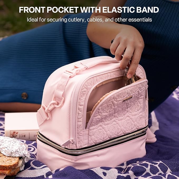 Everfun Womens Lunch Box Two Compartments Insulated Lunch Tote Bag Large Leakproof Soft Cooler for Work Picnic Travel, Pink