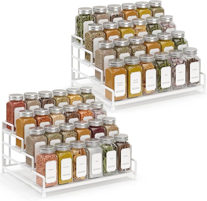 4-Tier-Spice-Rack-Organizer-for-Cabinet, Adjustable Depth Spice Holder Shelf For Countertop Pantry Cupboard, Metal Tiered Seasoning Organizer,Display Shelf Riser (White-2 Pack)