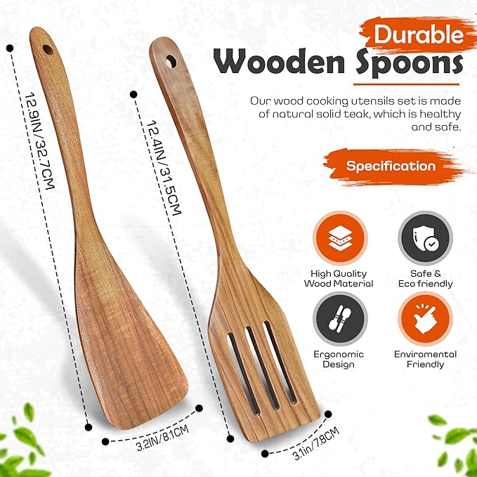 2 Pcs Wooden spoons for cooking,(Fried Spatula&Slotted Spatula). Teak wood kitchen utensils set, Long handle frying turner, Non-stick and non scratch spurtle for backing, frying and cooking.