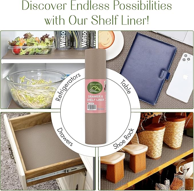 EVALAND Shelf Liners for Kitchen Cabinets Non-Adhesive 12" x 33 FT Beige Drawer Liner Non Slip, Washable Cabinet Liner, Waterproof Shelf Liners for Cabinets, Refrigerator Bathroom Pantry Cabinet Mat