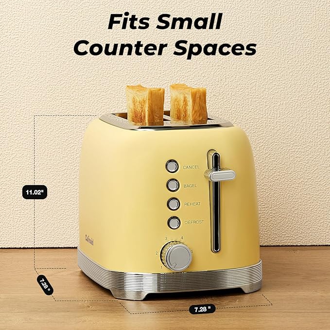 Toaster 2 Slice Retro Stainless Steel with 1.5” Extra Wide Slots Bagel, Defrost, Reheat, Cancel Functions, 6 Bread Shade Settings, Removable Crumb Tray, Yellow
