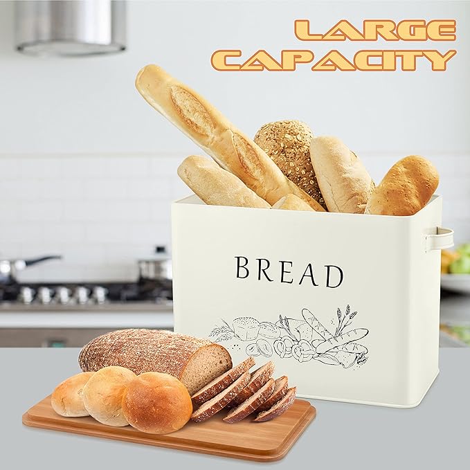 E-far Bread Box for Kitchen Countertop, Metal Bread Storage Container Bin with Bamboo Lid for Cutting Bread, Extra Large & Farmhouse Style, 13” x 7.2” x9.8”, Cream