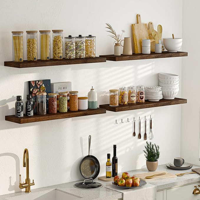 Fun Memories Floating Shelves for Wall Set of 2, Rustic Solid Elm Wood Wall Shelves 24 Inch - Invisible Bracket Mount for Living Room, Bathroom, Bedroom, Kitchen, Walnut