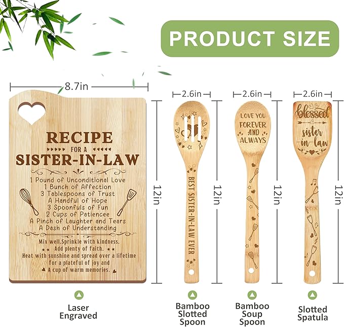 Sister in Law Gifts, Christmas Sister in Law Gift Idea Wooden Cutting Board with Cooking Utensils Set with Apron Set Kitchen Present