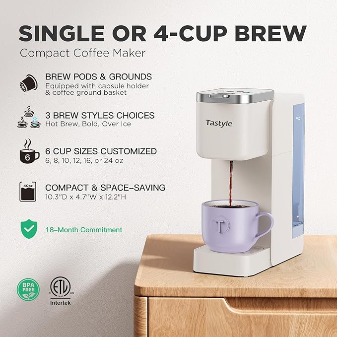 Single Serve Coffee Maker, Iced and Hot Coffee Machine for K Cup & Grounds, Compact Design, 40oz Removable Water Reservoir, 6 to 24 Oz Brew Sizes, Fits 7.3" Travel Mug, Beige