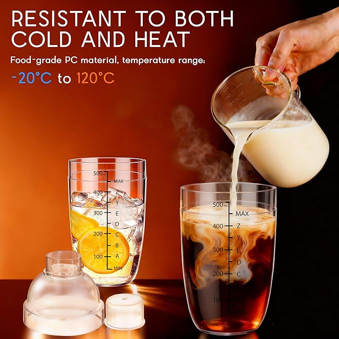 Plastic Cocktail Shaker with Measuring Scale 17oz (500ml), Leak-Proof & Shatter-Resistant Drink Mixer for Bartending, Protein Shakes, Iced Coffee & Milk Tea