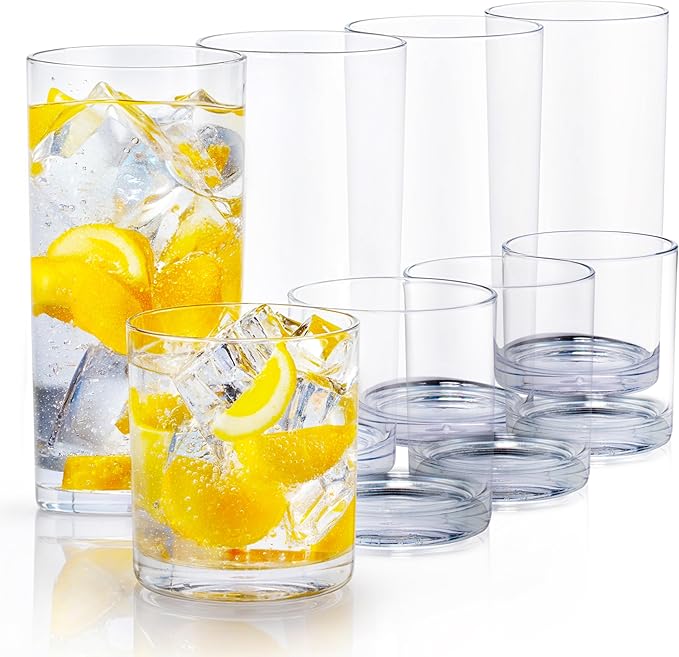 Zulay Kitchen Acrylic Plastic Glasses Drinkware - 8 Piece Unbreakable Drinking Glasses - BPA-Free, Reusable Plastic Tumblers for Home & Outdoors - Stackable, Lead-Free & Dishwasher Safe - (12&16oz)