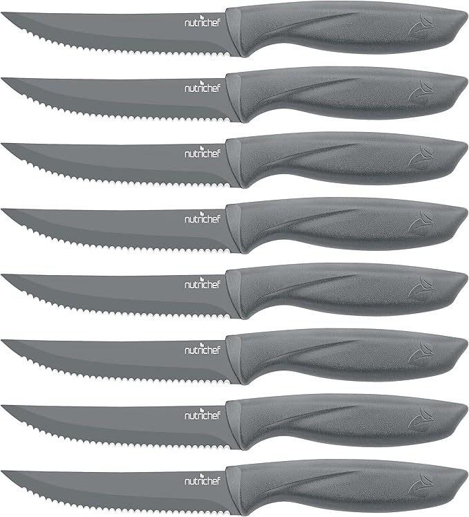 NutriChef SereneLife Stainless Steel Knife Set, 8 Pcs. - Non-Stick Coating, Sharp Serrated Blades, Professional Kitchen Set, Rust-Resistant, Dishwasher Safe, Ideal for BBQ & Grilling, Gray
