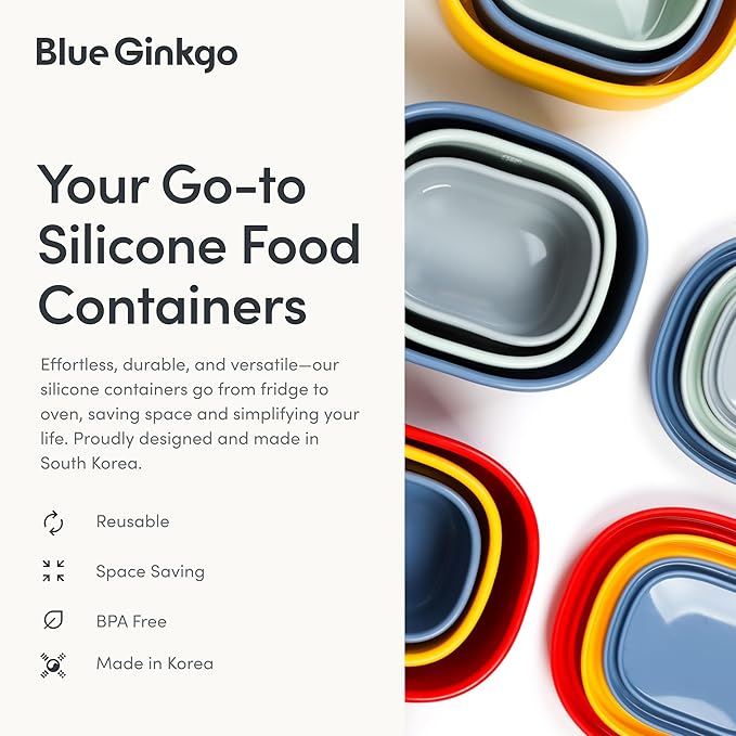 BLUE GINKGO Nesting Silicone Containers - Large Silicone Food Storage Container | BPA Free, Airtight, Dishwasher and Freezer Safe (47.5 oz) - Grey