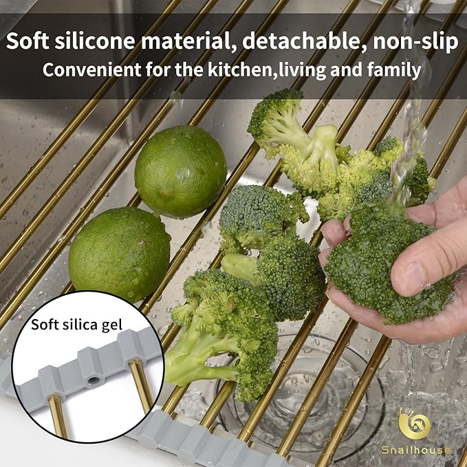 Snailhouse Roll Up Dish Drying Rack, Stainless Steel Dish Drainer Over The Sink with Anti-Slip Silicone for Kitchen Counter, Gold (17.8 x 11.8 in)