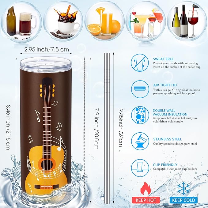 Umigy 2 Pieces Guitar Gift Tumbler with Lid Straw and Brush, 20 oz Musical Notes Travel Mug Stainless Steel Coffee Mug for Christmas Music Lovers Singers Teacher Birthday Gifts