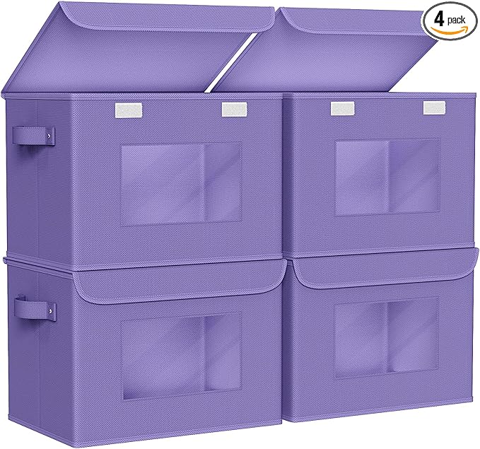 Univivi Storage Bins with Lids [4-Pack] Fabric Lidded Storage Baskets Stackable Closet Storage Bins, Closet Organizers and Storage with Lid & Clear Window for Home, Office, Bedroom (Purple)