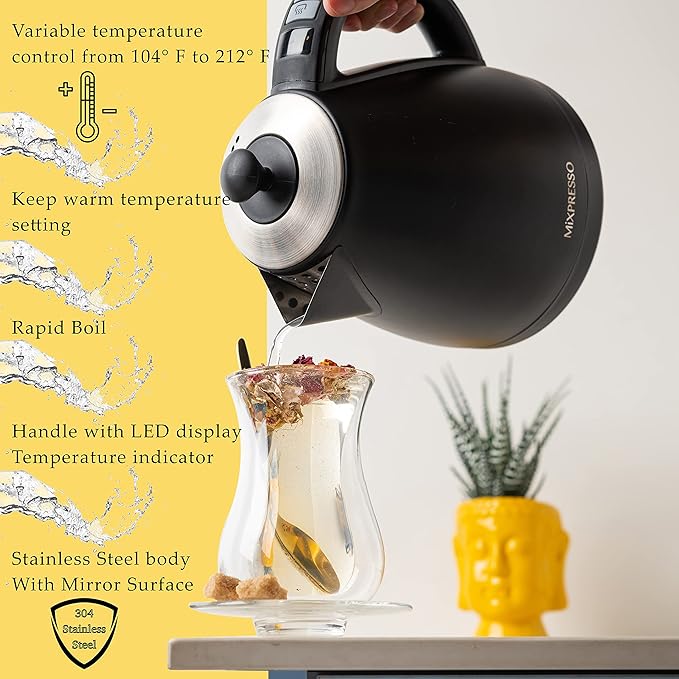 Mixpresso Electric Kettle Temperature Control, Hot Water Kettle Electric, Cordless 1 Liter Capacity, Keep Warm & Led Indicator, Auto-Shutoff, Boil-Dry Protection, Black Electric Kettle