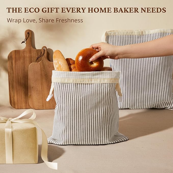 BRONYPRO Reusable Beeswax and Linen Bread Bags, 2-Pack Waxed Bread Bags for Homemade Bread & Sourdough, Sustainable Sourdough Loaf Storage to Lock in Freshness, Large 17x12.6in, Grey
