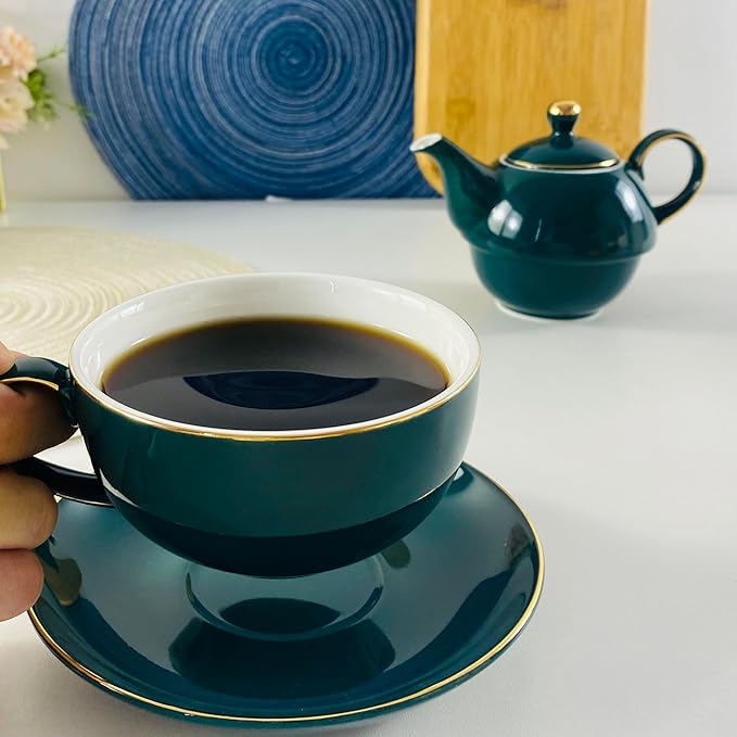 YBK Tech Ceramic Tea for One Set, 12oz Teapot and 8.2oz Cup with Saucer (Peacock Green)