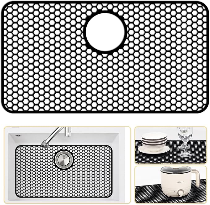 Silicone Sink Protectors for Kitchen Sink with Rear Drain - 26"x 14" Kitchen Protector Accessory, Non-Slip Heat Resistant Grid Mat for Bottom of Farmhous Stainless Steel (Rear Hole, Black)