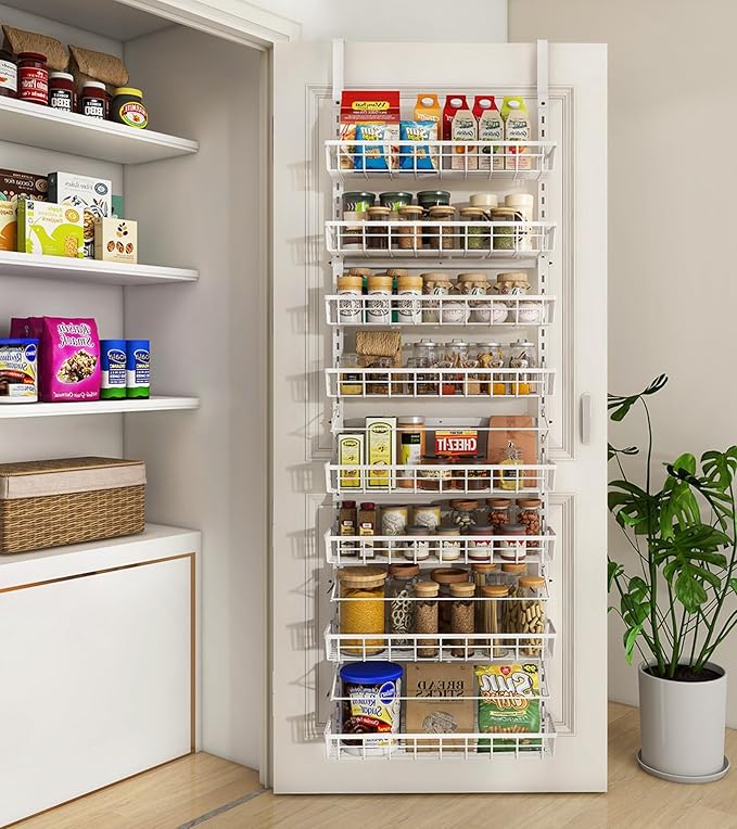 Over The Door Pantry Organizer, Wall Mount Spice Rack, Pantry Hanging Storage and Organization, 8 Adjustable Baskets Heavy-Duty Metal for Home & Kitchen, Back of Door Seasoning Rack - White