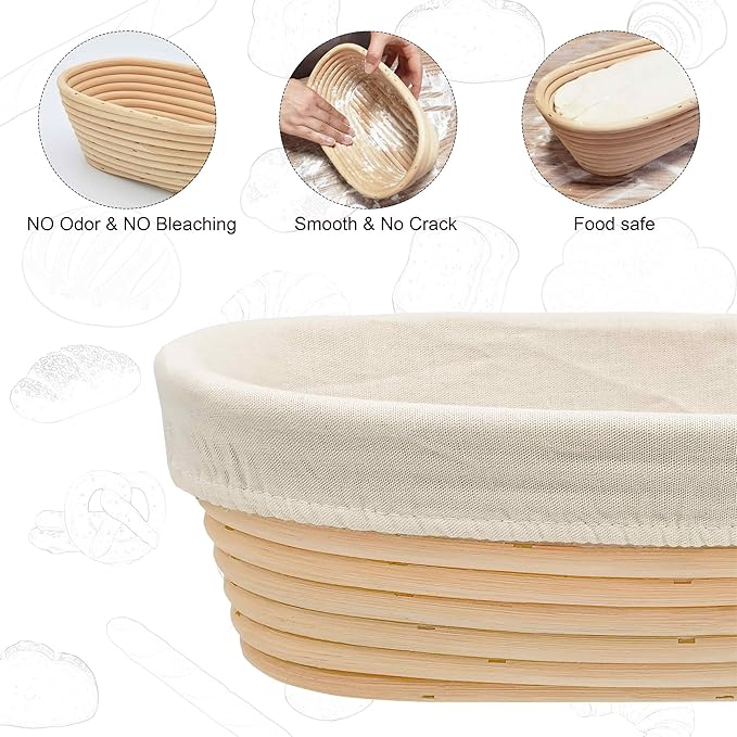Banneton Bread Proofing Basket set of 2, 9.8 Inch Oval Sourdough Proofing Baskets with Liner,Dough Proofing Bowls,Made of Natural rattan,for Sourdough Bread Baking Supplies