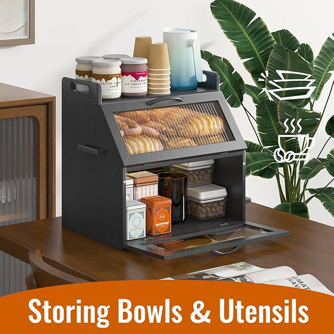 Farmhouse Breadbox Organizer - Large Wooden Double Layer Bread Bin with Acrylic Window, Black