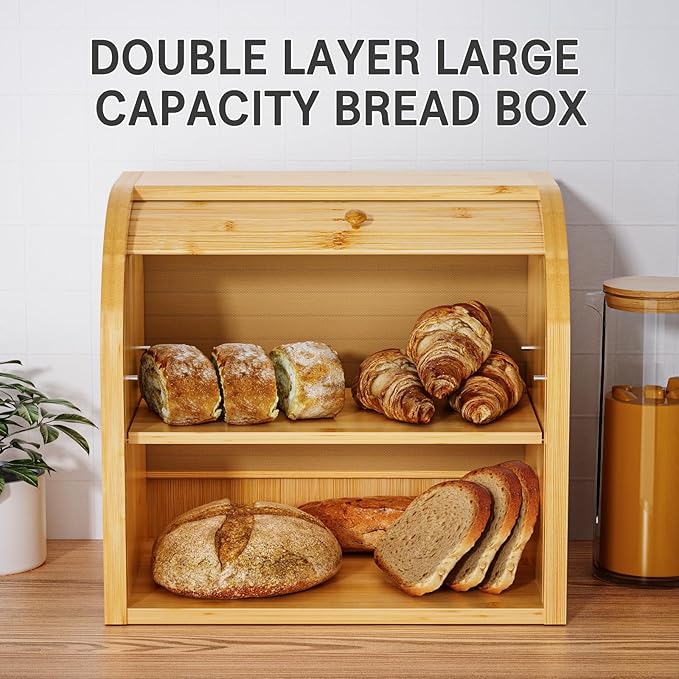 2 Tier Bamboo Bread Box for Kitchen Countertop–Bread Storage Holder, Large Capacity Bread Storage Container, with Removable Layer for Home Storage and Display (Self-assembly)