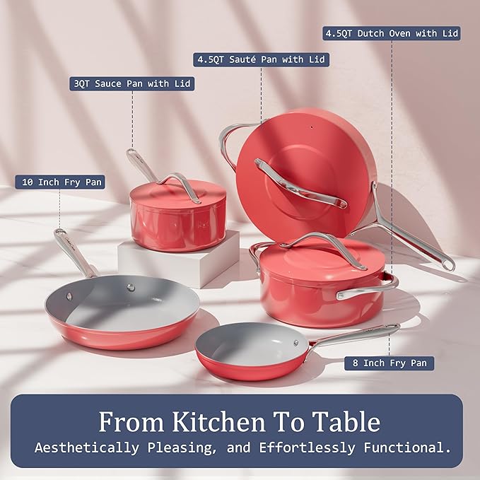 Nonstick Ceramic Frying Pan 10" Non Toxic Cooking Skillet for Eggs Pancakes & Stir Fry Even Heat Distribution PTFE/PFOA/PFAS Free Oven Safe Up to 500°F All Cooktops Compatible, Fusion Red