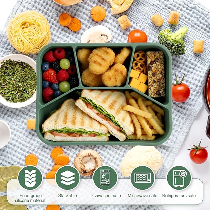 Honeydak 4 Pcs Silicone Bento Box Reusable Lunch Container 4 Compartment Snack Boxes with Lid Smooth LeakProof Rectangle Food Boxes for Adult Work Travel Food Storage (Simple Color)