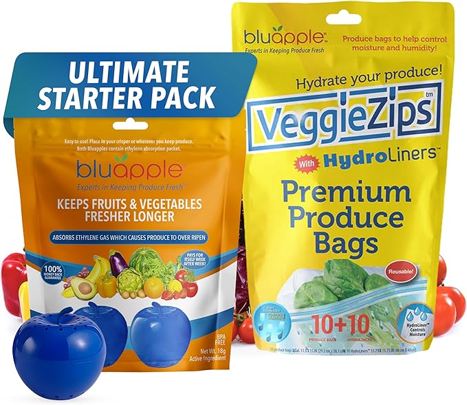 Bluapple Produce Saver Ethylene Gas Absorber & VeggieZips Ultimate Starter Pack Bundle - Fresh Vegetables & Fruits Saver, Produce Storage, Fruits & Veggies Keepers for Refrigerator, Regulates Humidity