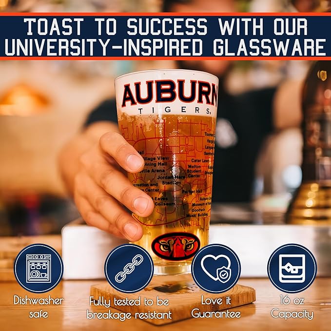 Greenline Goods – University of Auburn Tigers College Pint Beer Glasses (Set of 2), 16 oz – Full-Color Logo + Campus Map