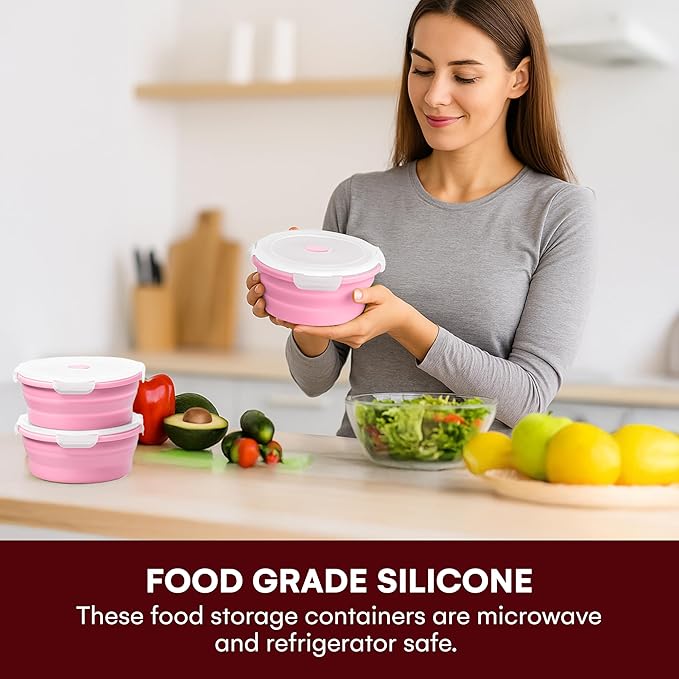 Vdomus Collapsible Food Storage Containers - Leak Proof, Microwave Safe - 40.5oz/1.2L Airtight Silicone Food Containers - Meal Prep Collapsible Bowls with Lids - Set of 3 - Pink