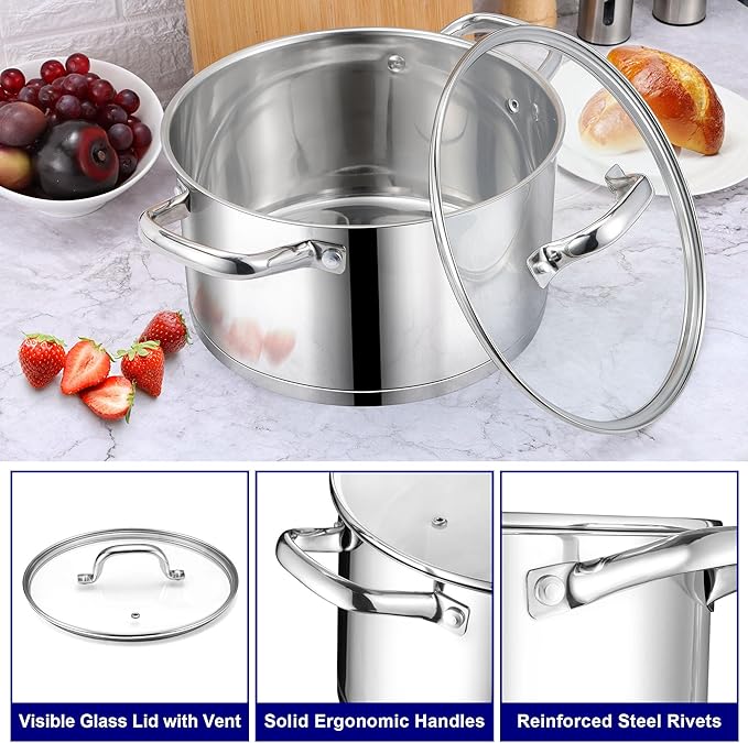 LIANYU Stainless Steel Stock Pot, 8 QT Large Soup Pot for Home Kitchen, Heavy Duty Cookware Compatible with Ceramic Gas Induction Cooktop, Dual Handles & Glass Lid, Dishwasher Safe