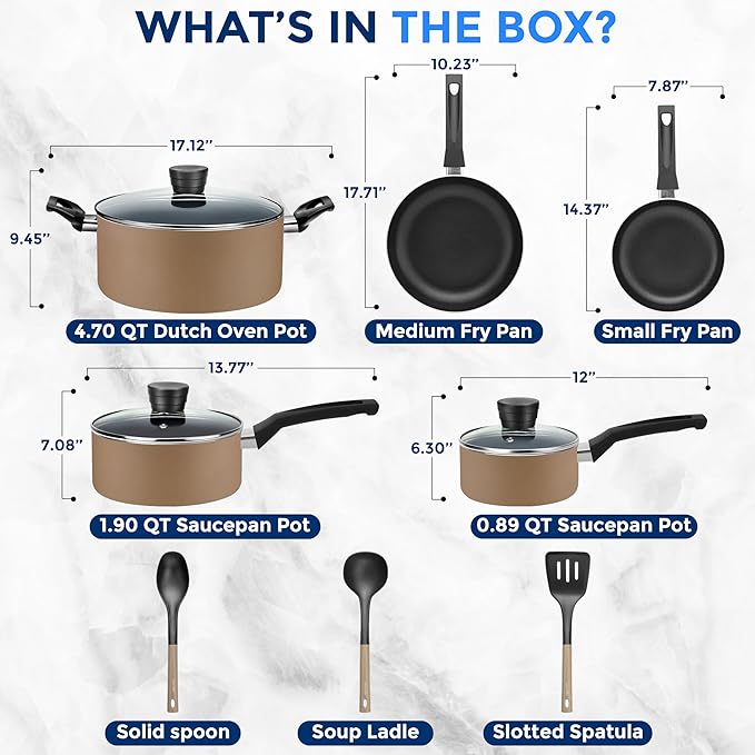 SereneLife Kitchenware Pots & Pans Basic Kitchen Cookware, Black Non-Stick Coating Inside, Heat Resistant Lacquer (11-Piece Set), One Size, Gold