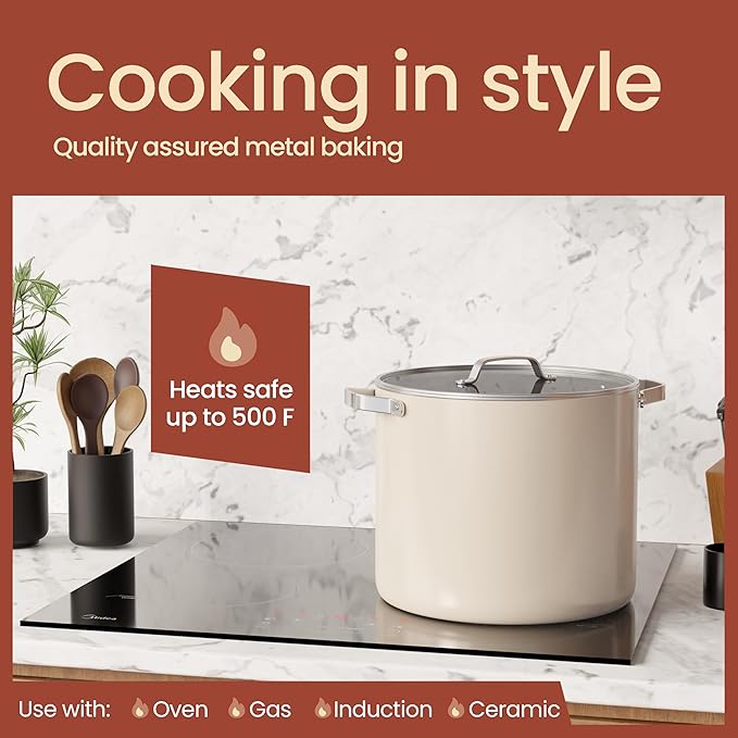 Bakken 16 Quart Ceramic Coated Stock Pot with Lid, Easy Clean Nonstick Pot, Tempered Glass Lid, Riveted Stainless Steel Handles, Oven Safe Up To 500°F, PTFE & PFAS Free, All Stove Compatible, Cream