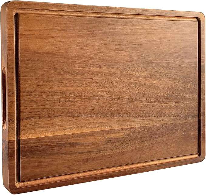 Large Acacia Wood Cutting Board for Kitchen, 17x12 Inch Reversible Wooden Chopping Board Charcuterie Board with Juice Grooves and Handle for Meat, Cheese, Vegetables, Fruits, Bread