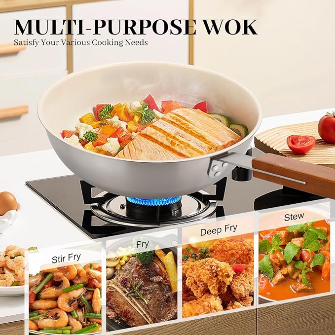 MARSKITOP Stainless Steel Wok Pan, Ceramic Nonstick Stir Fry Pan with Lid and Wooden Handle, 9.5 Inch Induction Wok, PFAS Free