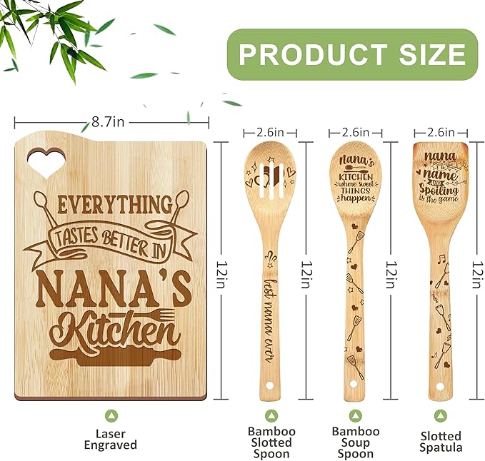Mothers Day Nana Gifts, Gifts for Nana from Grandkids Wooden Cutting Board with Cooking Utensils Set with Apron, Kitchen Present for Women Who is Cooking Lover