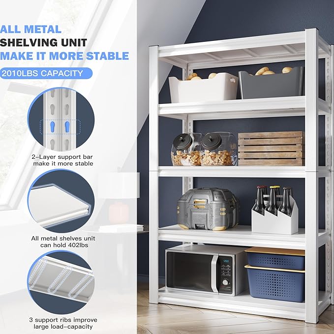 Raybee 72''H Garage Shelving, Storage Shelves 2010LBS, Adjustable 5 Tier Metal Shelving, Closet Garage Shelves Pantry Shelf for Kitchen Closet 72''H*31.7''W*16.3''D