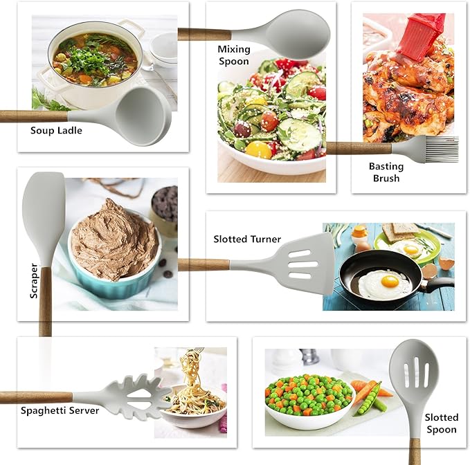 Silicone Cooking Utensils | Wooden Handle, Non-Stick Cookware Heat Resistant Kitchen Utensil Spatula, Slotted & Solid Spoon, Soup Ladle, Slotted Turner and Spaghetti Server,| Acacia Wood - Light Grey