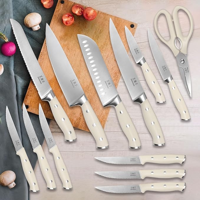 Premium Knife Set,High Carbon Stainless Steel Forged,Sharp Knives Set for Kitchen,Triple-rivet Ergonomic Handle,Hundreds of Years of Masterful Craftsmanship(Ivory,15PCS)