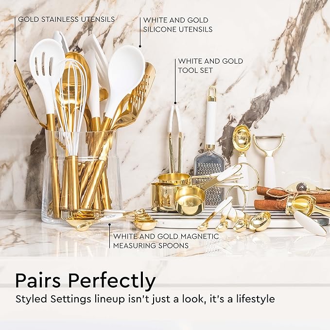 White and Gold Measuring Cups and Spoons Set – 8-Piece Stackable Stainless Steel Measuring Set – Stylish Gold Kitchen Accessories for Precise Baking and Cooking, Ideal Gift for Bakers and Chefs