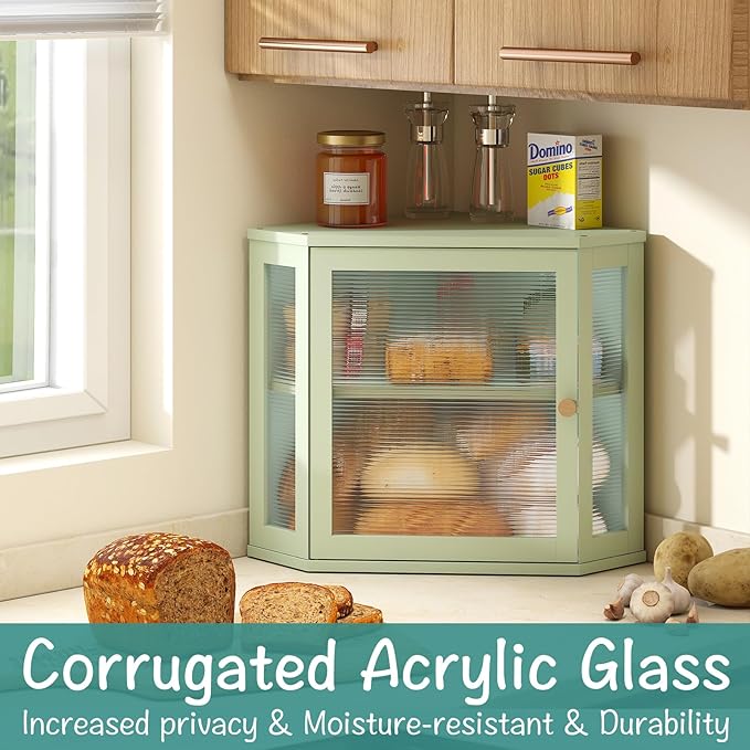 Corner Bread Box for Kitchen Countertop, Bamboo Wood Large Capacity Bread Storage Bin with Acrylic Wavy Door Panel, Green