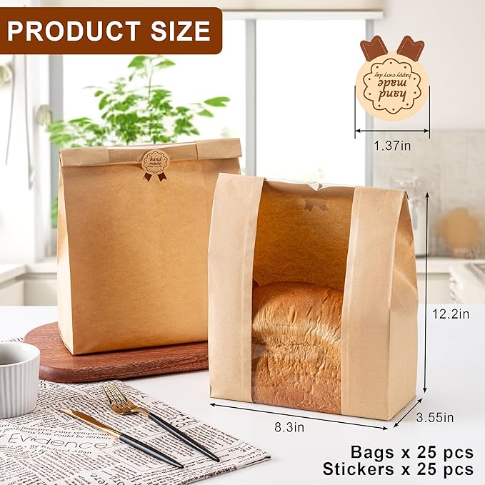 Paper Bread Bags 25PCS, Sourdough Bread Bags for Homemade Bread, Large Bakery Bags with Window Includes 25PCS Label Seal Stickers for Homemade Bread Storage(13.7x8.3x3.5 inch)