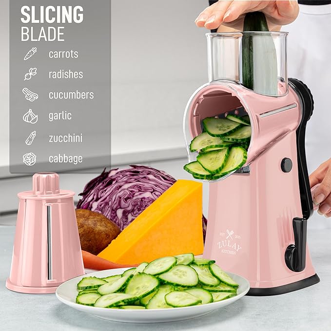 Zulay Kitchen Rotary Cheese Grater 5 Blade Cheese Shredder - Manual Hand Crank Cheese Grater With Reinforced Suction & 5 Interchangeable Drums - Easy to Use, Vegetable Chopper Round Mandoline Slicer
