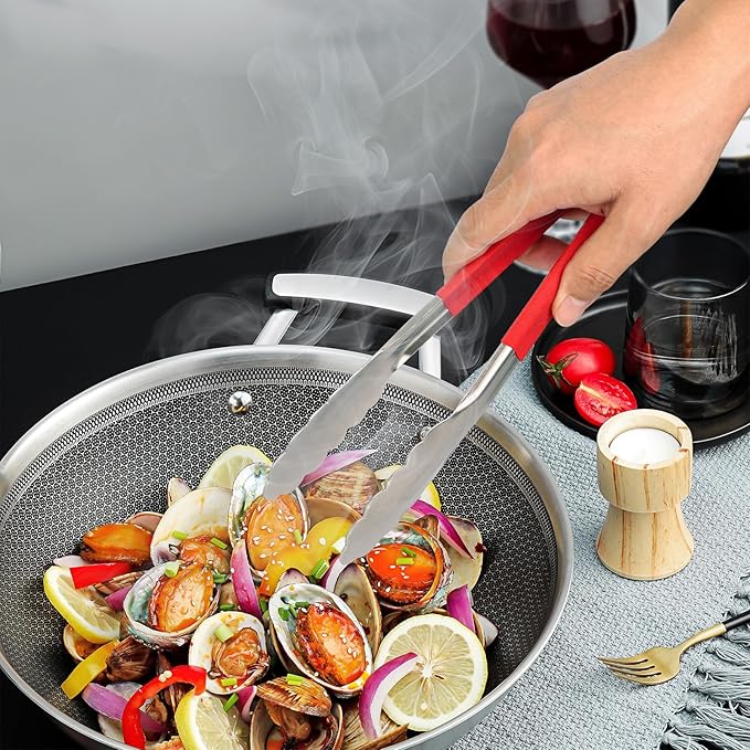 LZMS 4pcs 9 1/2" Red Atmospherei Stainless Steel Grill Tongs,Kitchen Tongs with Non-Slip Grip for Cooking,BBQ,Buffet Dinner