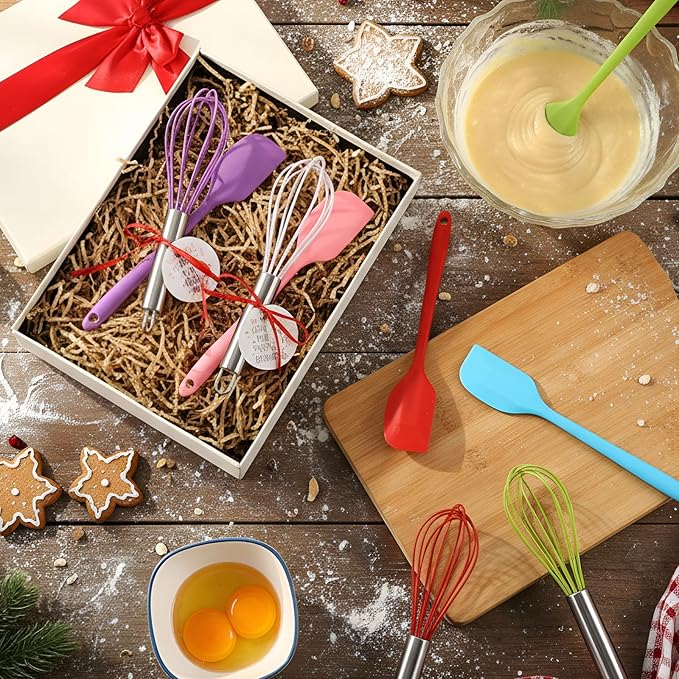 30 Pcs Christmas Baking Tool Gifts Sets Include 8 Inch Silicone Whisk Spatula and Xmas Greeting Cards Ribbon Wired Stainless Steel Whisk Set for Women Men Christmas Stuffers Gift