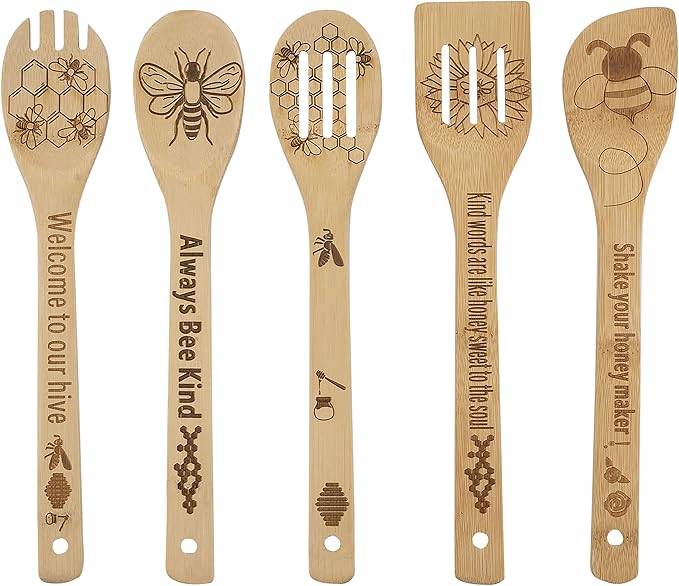 5PCS Bee Wooden Cooking Spoons Set,Bee Gifts,Bee Kitchen Decor,Gifts for Beekeepers,Bamboo Cooking Utensil Spoons Housewarming Wedding Mom Kitchen Gift Idea Kitchen Decor