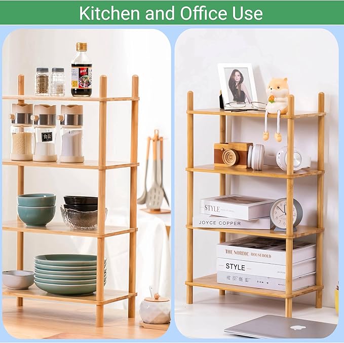 Bamboo Rack | Tool-Free Expandable (2-6 Tiers) | Kitchen Spice Organizer & Office Breakroom Snack/Cup Storage (Natural Bamboo)(Powered by Gogogo) (Nature, 15.6" W(4 Tier))