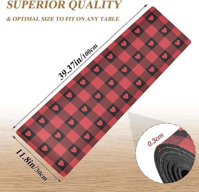 Valentine's Day Trivet Table Runner 40 Inches Long Red Buffalo Check Gingham Love Heart Valentine's Day Heat Resistant Hot Pad Multi Purpose Mat for for Hot Pots Pans Kitchen Countertops