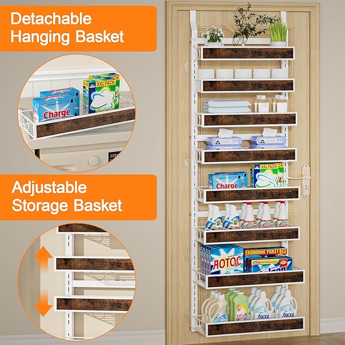 Over The Door Pantry Orangizer,8 Tier Wall Mounted or Hanging Spice Rack with Adjustable Wood Basket,Metal Heavy Duty Behind Door Storage Shelf for Kitchen Pantry and Bathroom